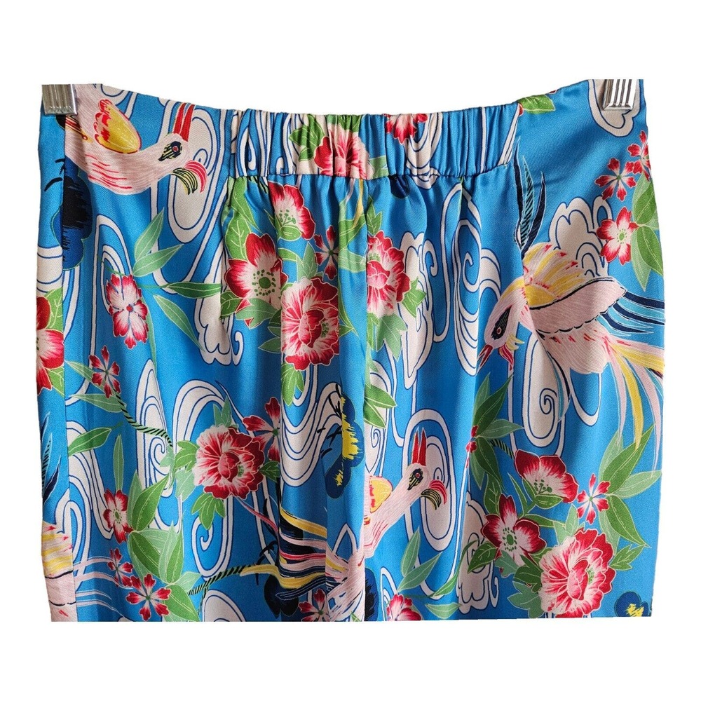 ZARA Women's M Palazzo Pants Satiny Tropical Wide Leg Birds Flowers Waist 26" - Picture 6 of 7